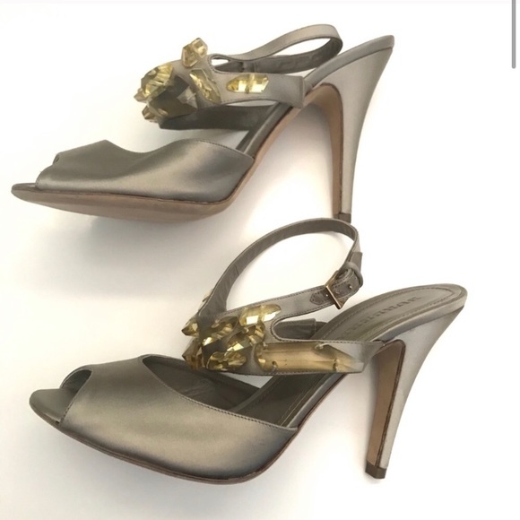 Burberry Citrine Crystal Satin Peep Toe Heels 41 - Picture 4 of 16
